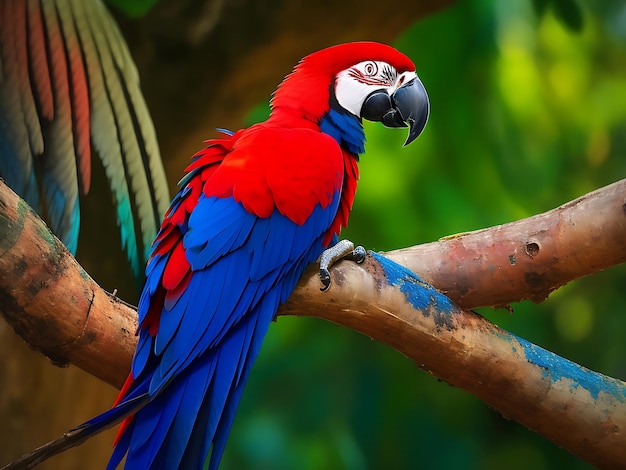 Close-up van een scharlaken ara van zijaanzicht scharlaken ara close-up hoofd Blauwe en rode ara papegaai