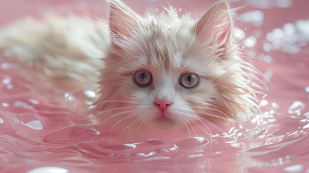 Close-up van een schattige witte kat die zwemt in het roze water gegenereerd door kunstmatige intelligentie