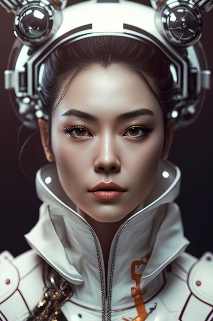Close-up van een schattige Zuid-Koreaanse dame die White space mechsuit Generative AI draagt