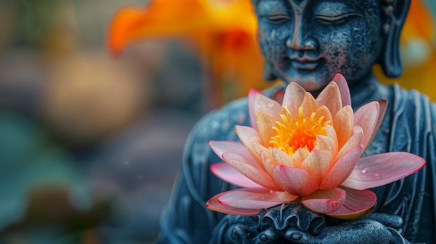 Close-up van een serene Boeddha standbeeld met een bloeiende lotusbloem met een zachte focus achtergrond