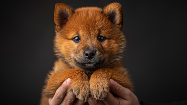 Close-up van een Shiba Inu puppy Bruine Shiba inu puppy De puppy ligt op je hand