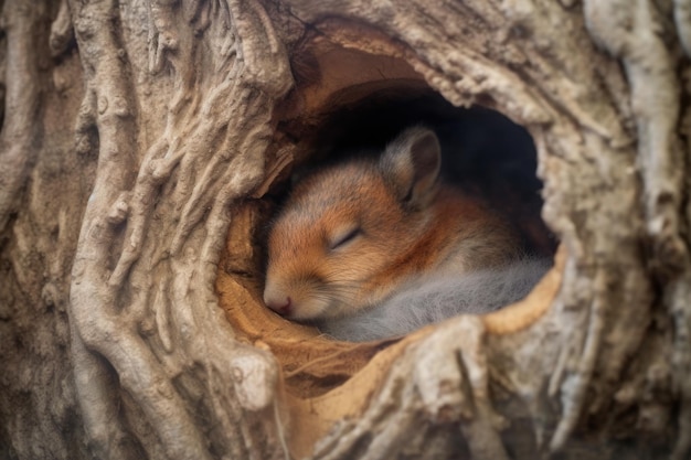 Close-up van een slapende eekhoorn in een gezellig boomgat gemaakt met generatieve AI