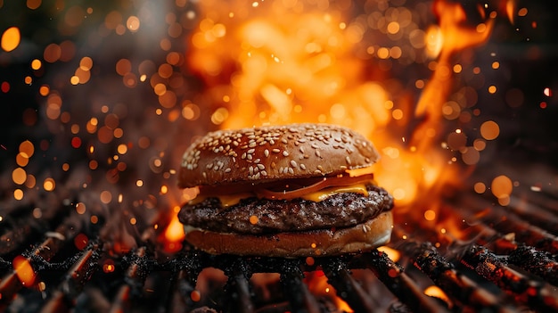 Foto close-up van een smakelijke cheeseburger voor de grill macro shot heldere gouden bokeh glitter achtergrond