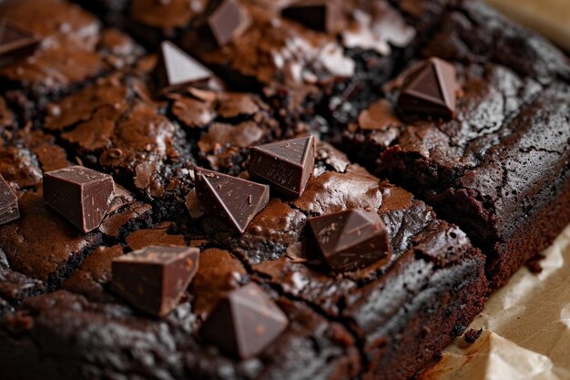 Close-up van een smakelijke chocoladetaart met chocoladebrokken op een bakplaat