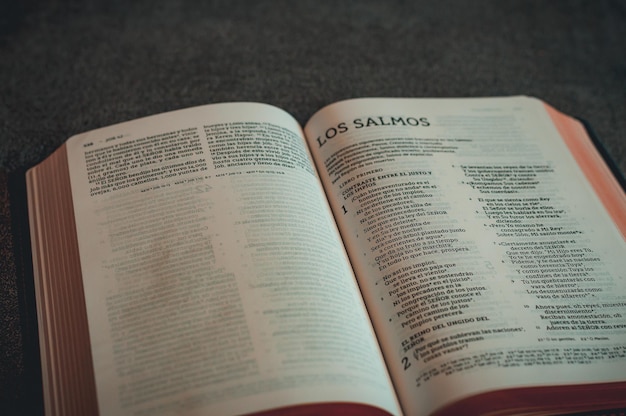 Close-up van een Spaanse Bijbel geopend in het boek Psalmen