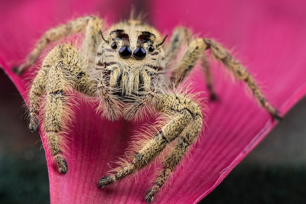 Close-up van een spin op een roze bloem