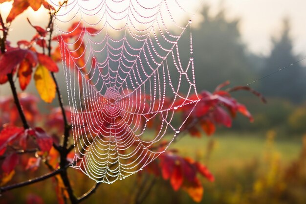 Foto close-up van een spinnenweb bedekt met dauwdruppels op een mistige herfstmorgen