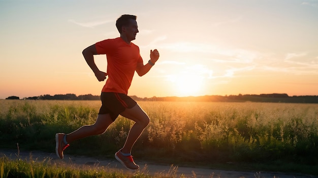 Close-up van een sportieve man die bij zonsopgang in het veld jogt