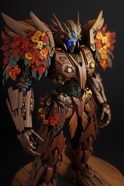Close-up van een standbeeld van een robot met bloemen erop generatieve ai