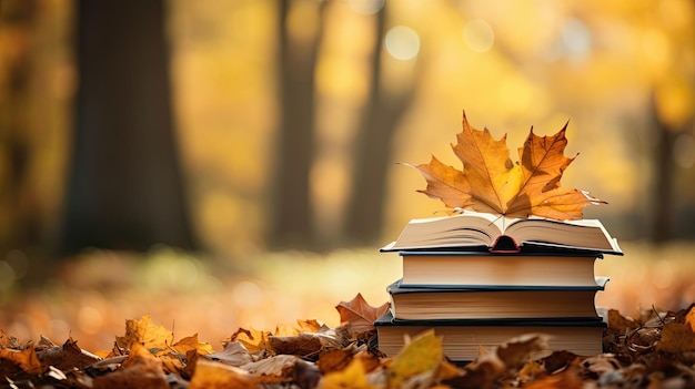 Close-up van een stapel boeken met een herfstthema met aumtumn bladeren