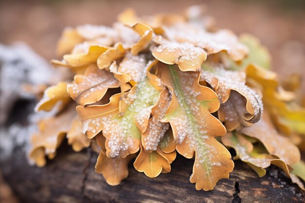 Foto close-up van een stapel gefroste eikenbladeren