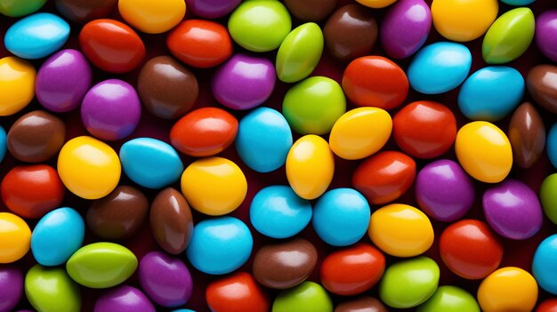 Close-up van een stapel kleurrijke chocolade gecoate snoepjes Candy achtergrond Generatieve AI