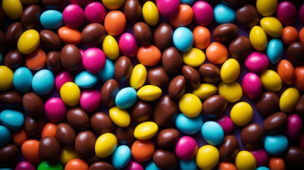 Close-up van een stapel kleurrijke chocolade gecoate snoepjes Candy achtergrond Generatieve AI