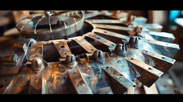 Foto close-up van een steampunk-achtig mechanisch apparaat gemaakt van tandwielen en andere mechanische onderdelen