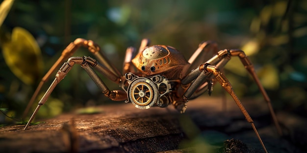 Close-up van een steampunk-spin in de natuur met een weelderige groene achtergrond Generatieve AI