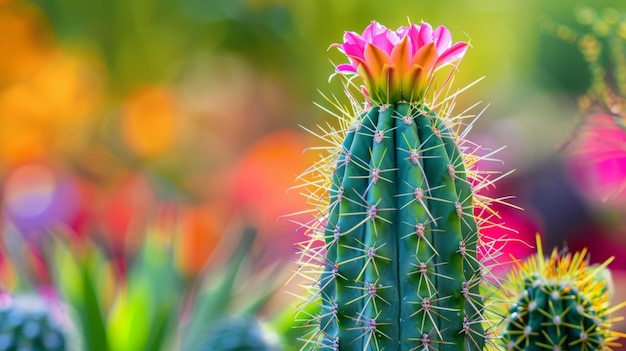 Close-up van een steile cactus die hoog en trots staat te midden van de kleurrijke achtergrond van de stedelijke tuin