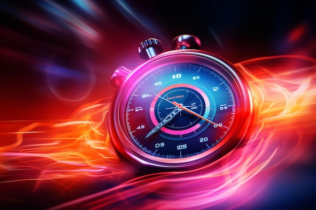 Close-up van een stopwatch met levendige lichtsporen Generatieve ai