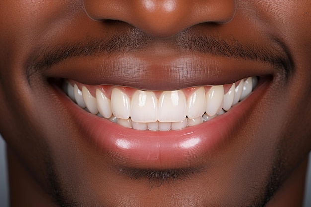 Close-up van een stralende zwarte man perfecte glimlach boeiende met witte tanden uitstralen luxe