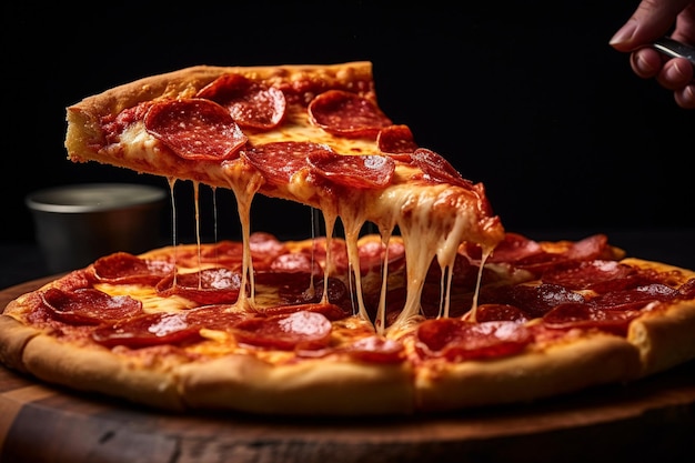 Close-up van een stuk pepperoni pizza met gesmolten kaas.