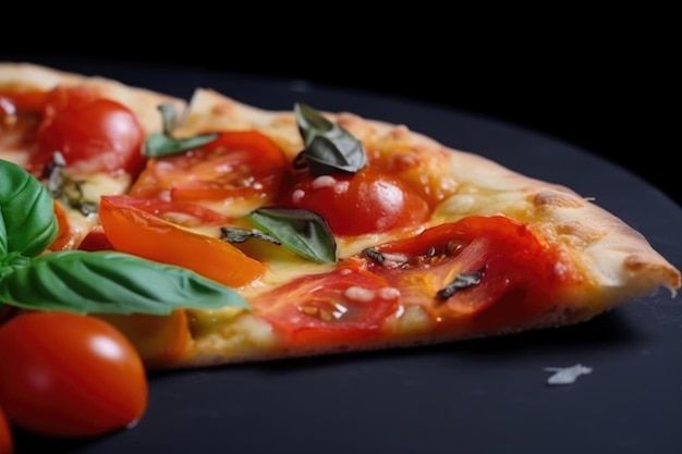 Close-up van een stuk pizza met verse en sappige tomaten en basilicum gemaakt met generatieve ai