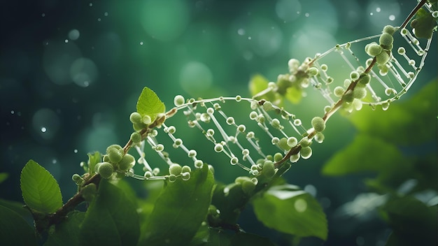 Foto close-up van een tak van een groene plant met een dna-structuur