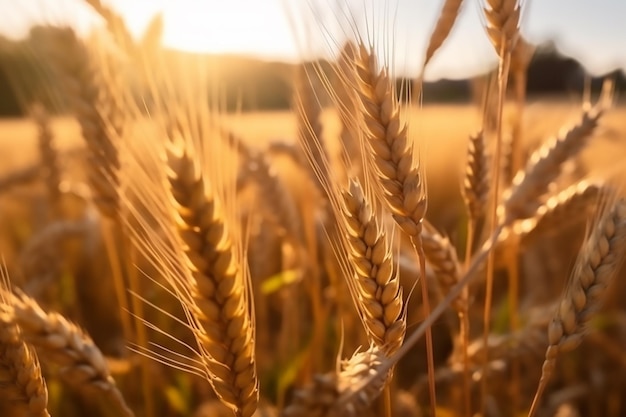 Close-up van een tarweveld met de zon in de linkerbovenhoek