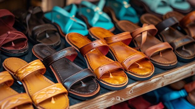 Close-up van een tentoonstelling van gezellige sandalen in verschillende stijlen