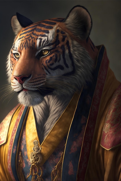 Close-up van een tijger die een generatieve ai kostuum draagt
