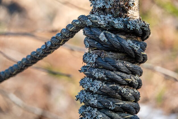 Foto close-up van een touw vastgebonden aan een metalen hek