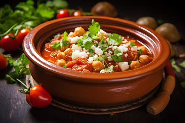 Close-up van een traditionele Mexicaanse molcajete gevuld met Pozole-ingrediënten