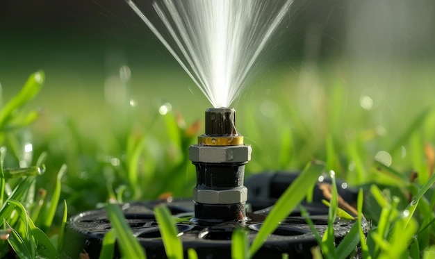 Close-up van een tuin gazon sprinkler water het gras