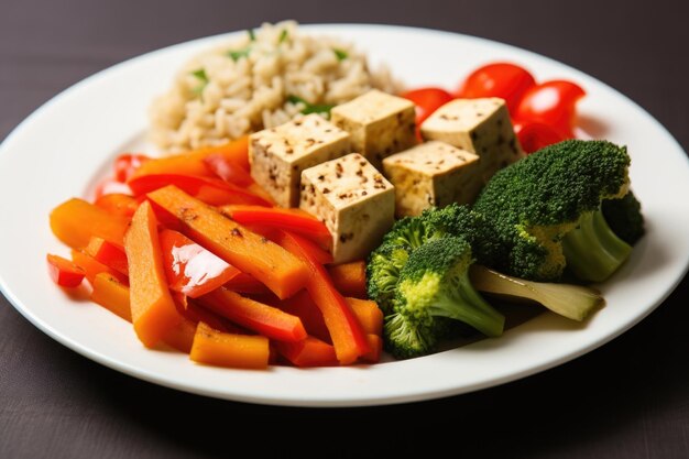 Close-up van een veganistische maaltijd met tofu en groenten