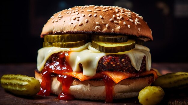 Close-up van een veggie burger met augurken ketchup