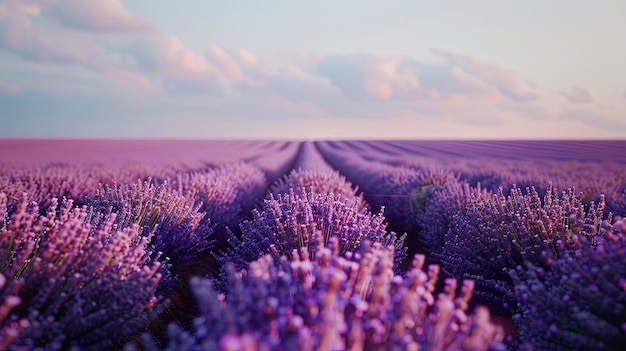 Close-up van een veld van lavendel in bloei met rijen geurige paarse bloemen die zich tot aan de horizon uitstrekken onder een wolkenloze lucht