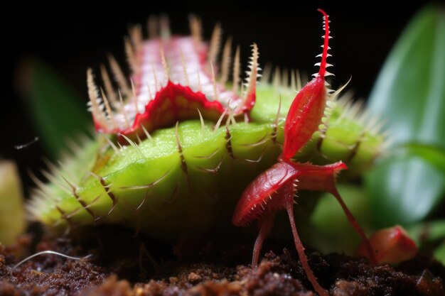 Close-up van een venus vliegval tanden omhullen een gevangen insect gemaakt met generatieve ai