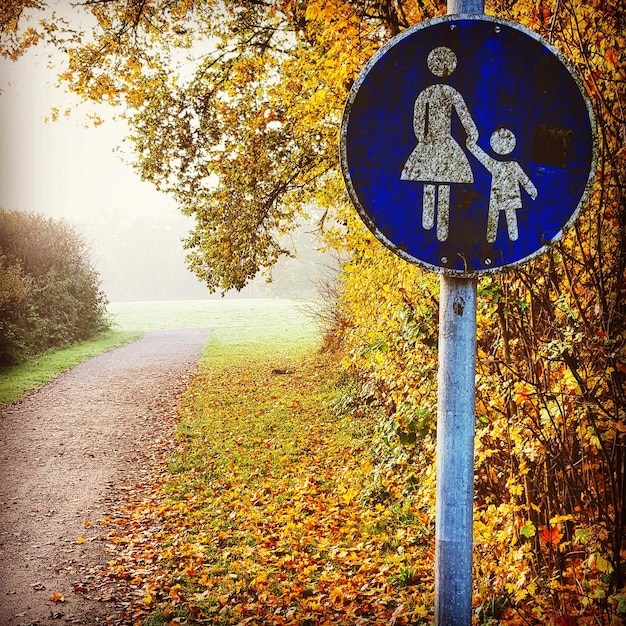 Foto close-up van een verkeersbord tegen bomen en een voetpad