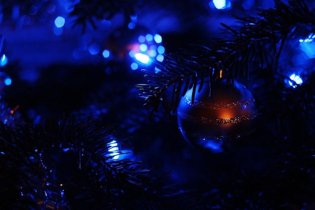 Close-up van een verlichte kerstboom's nachts