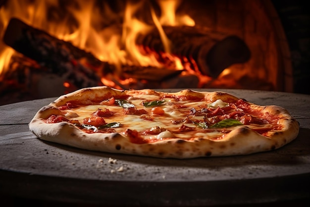 Close-up van een vers gebakken pizza uit een traditionele houten oven Generative Ai