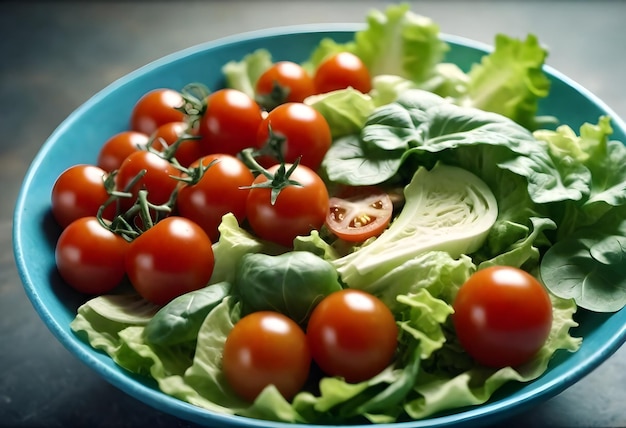 Close-up van een verse salade met kersen tomaten sla en verschillende groenten in een blauwe kom
