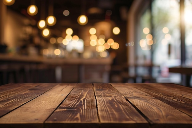 Close-up van een verweerd houten tafelcafé en bar op de achtergrond