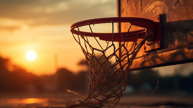 Close-up van een verweerde basketbalring tegen een avondrood