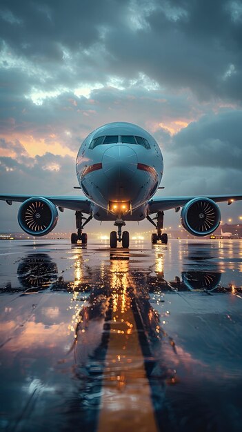 Close-up van een vliegtuig op een landingsbaan van een luchthaven dat klaar is om te vertrekken op bevel van de controletoren