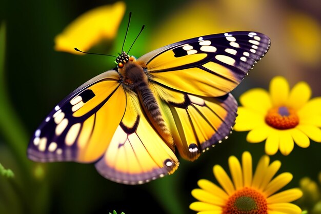 Close-up van een vlinder op voorjaarsbloemen Wildbloemenveld Kleurrijke gele en witte madeliefjes