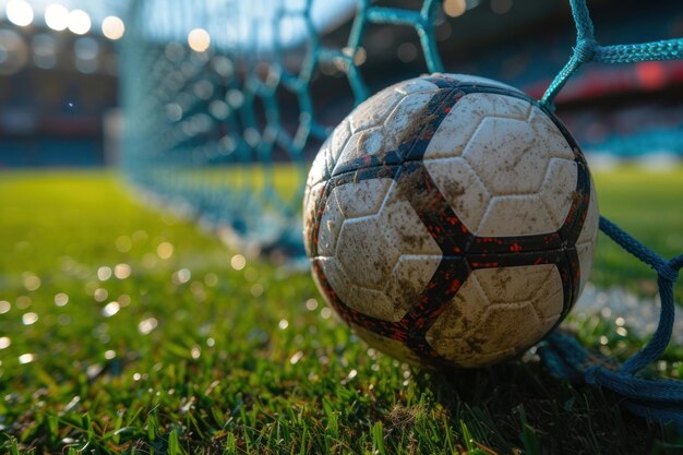 Foto close-up van een voetbal in de lucht die de intensiteit van een goed uitgevoerd schot op het doel benadrukt