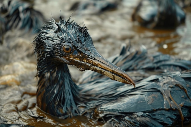 close-up van een vogel bedekt met olie de vogel worstelt om te vliegen en er zijn andere vogels op de achtergrond