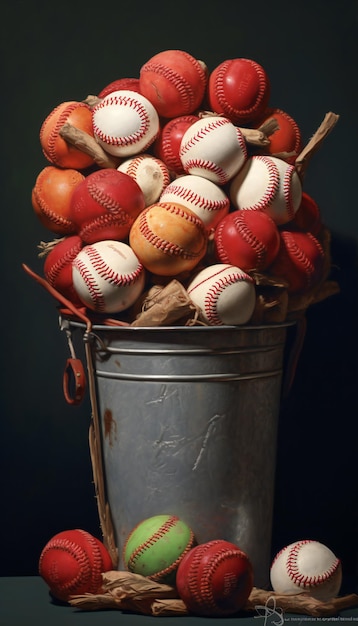 Close-up van een volle emmer softballen Verticale oriëntatie Generatieve ai illustratie