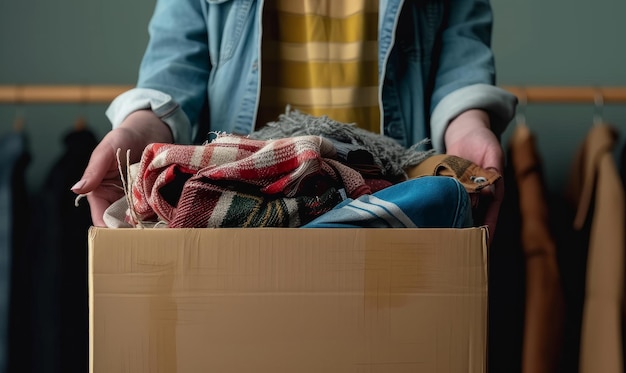 Close-up van een vrijwilliger met een kleding donatie doos vol items voor liefdadigheid