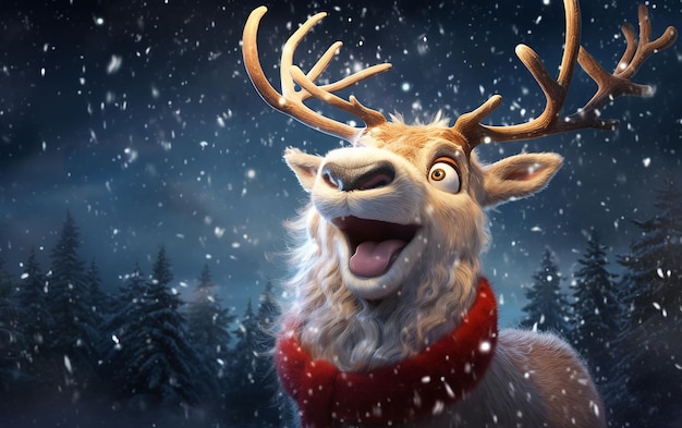 close-up van een vrolijk en grappig kersthert het sneeuwt