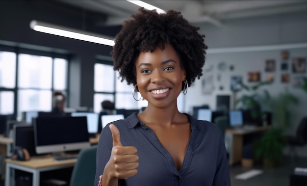 Close up van een vrouw aan het werk lachend met een duim omhoog