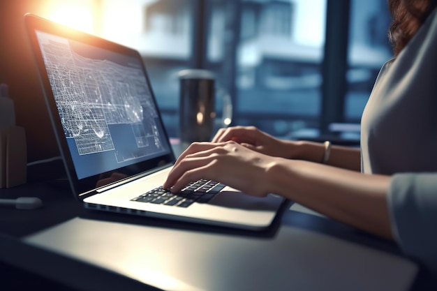 close-up van een vrouw die aan de tafel werkt in een kantoorruimte en naar het scherm van de laptop kijkt